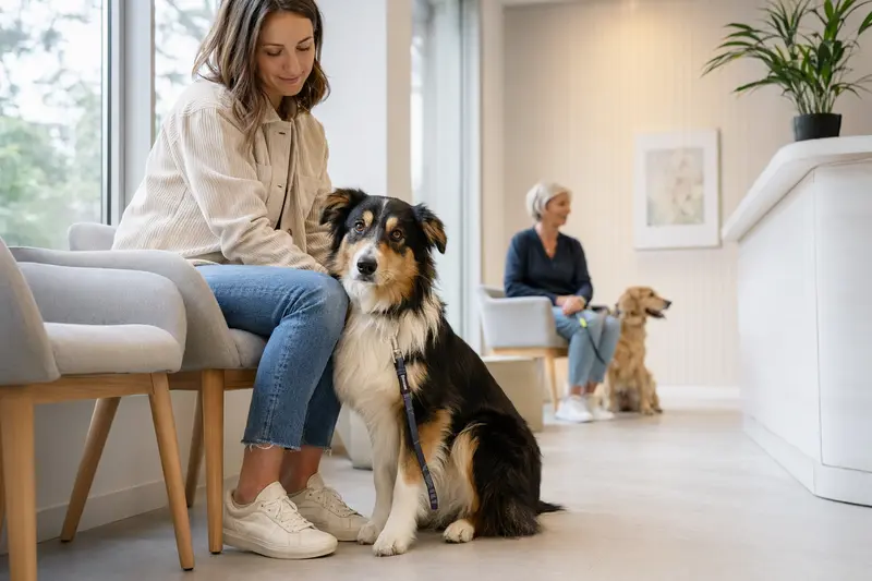Ein ruhiger Collie sitzt neben seinem Besitzer im hellen Wartezimmer einer modernen Tierarztpraxis.